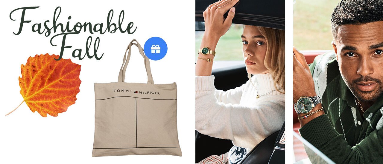 Bild eines Mannes und einer Frau, die eine Tommy Hilfiger Uhr tragen, neben einem Bild einer Tommy Hilfiger Tote Bag und dem Text Tote Fashionable.Tommy Hilfiger