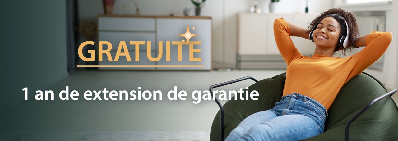 Femme se relaxant dans un fauteuil avec le texte "Garantie supplémentaire gratuite d'un an".