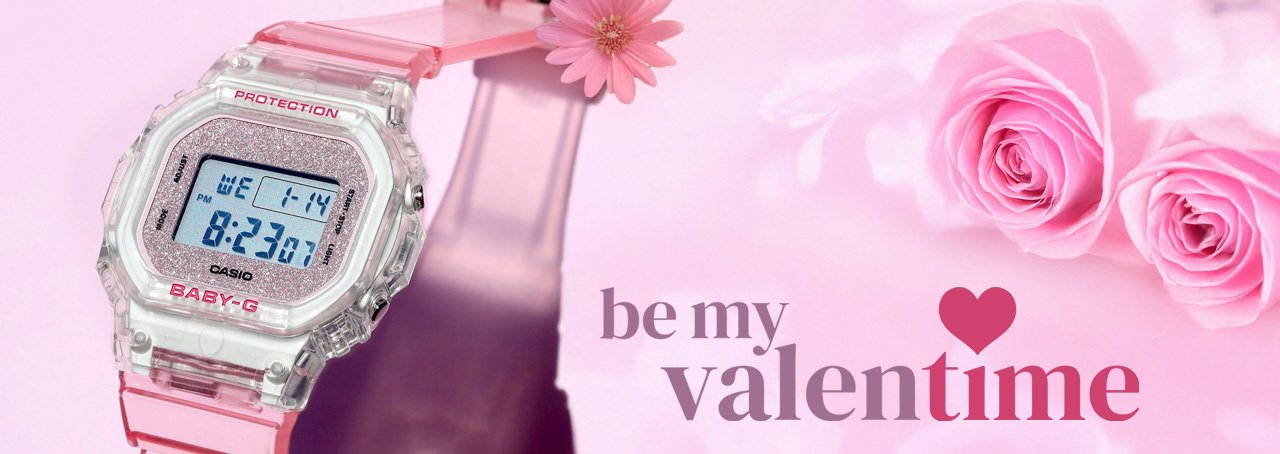 Pink G-Shock watch with pink roses and the text Be my Valentime